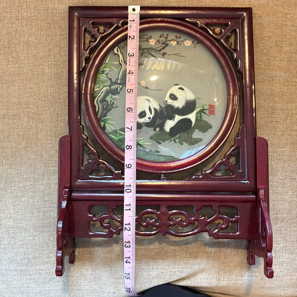 Vintage Table Screen with Silk Panda Embroidery - Burgundy Frame - Picture 10 of 15